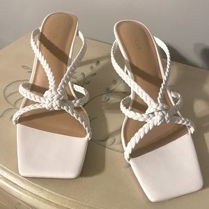 White Square Toe Strappy Kitten Heels